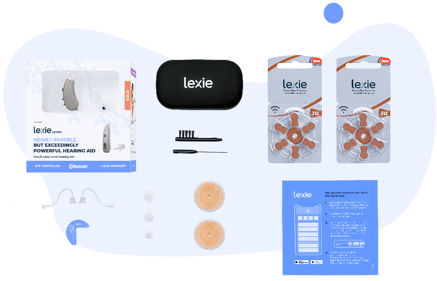 Flat lay of Lexie Lumen hearing aid's packaging with all the accessories included in the box: two Lexie hearing aids, 
		hearing aid batteries, hearing aid cleaning tools, ear measuring tool, user manual, drying capsules, and different sized tubes and domes.