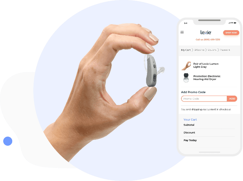 Hand holding a Lexie Hearing aid with a mobile device next to it. On the screen is the Lexie Hearing website.