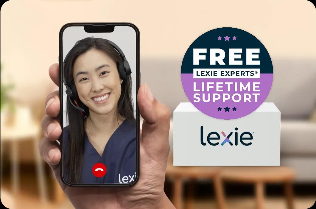 Hand holding a phone with a female Lexie Expert on video call.
