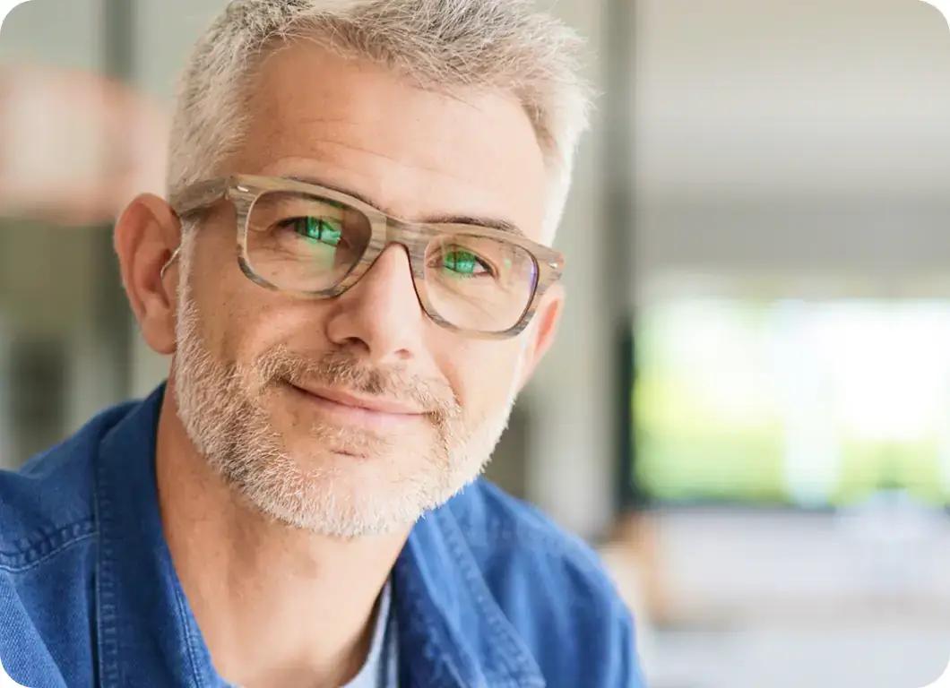 Man smilling at the camera, wearing glasses and Lexie hearing aids. Time100 most influential companies 2023 logo.